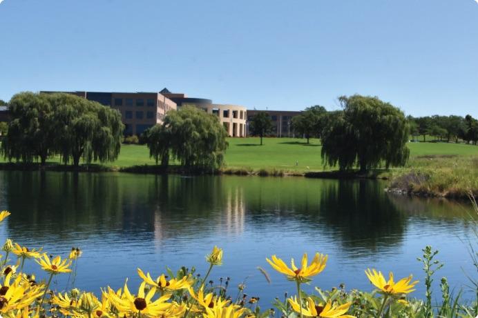 A view of American Family Insurance HQ with the pond in the foreground