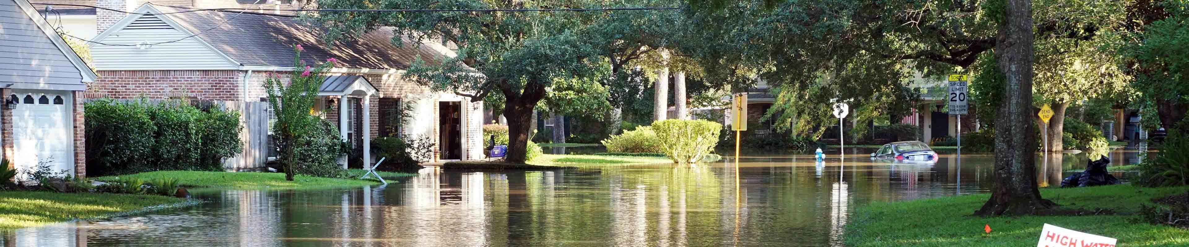 A flooded street with undamaged houses, as their owners successfully prepared for the flood.