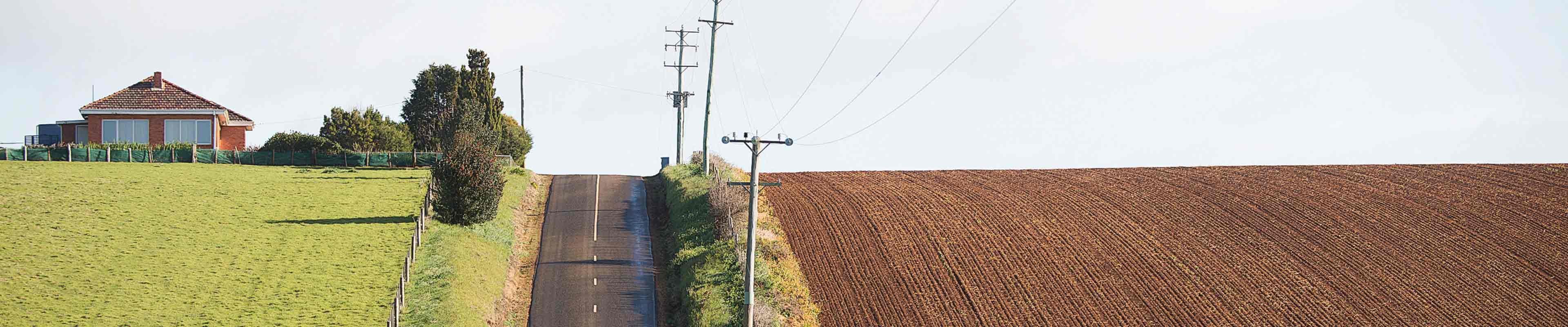 Farm field with powerlines separating the field and farm house.