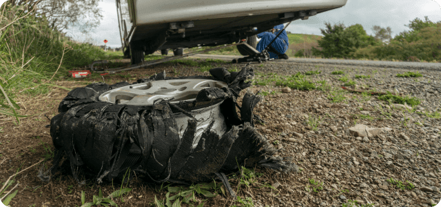 A blown out tire on the side of the road while a driver is working on fixing the RV