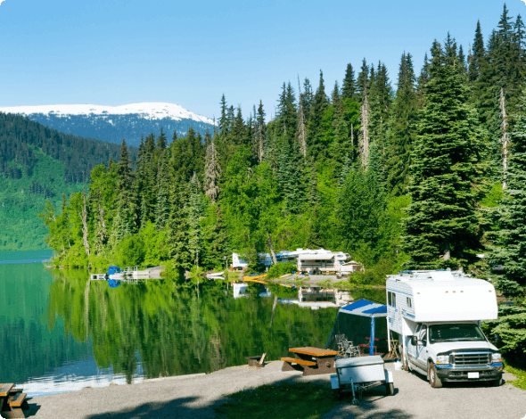 An RV parked near a lake.